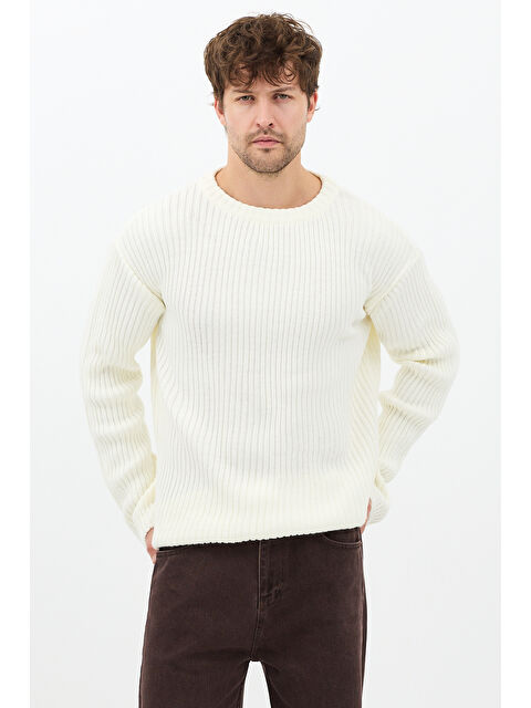 Tarz Cool Erkek Beyaz Fitilli Örme Regular Triko Kazak - S000476085-20063