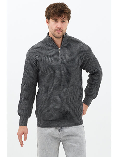 Tarz Cool Füme Erkek Oversize Fermuarlı Balıkçı Triko Kazak - S000476091-33408