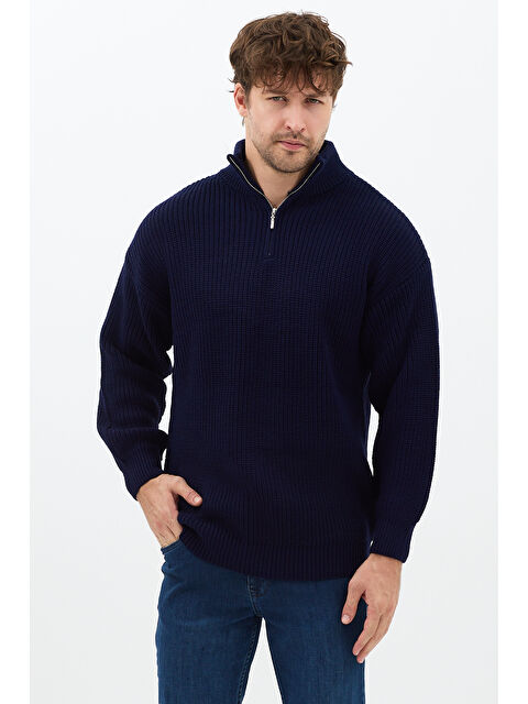 Tarz Cool Lacivert Erkek Oversize Fermuarlı Balıkçı Triko Kazak - S000476091-21164