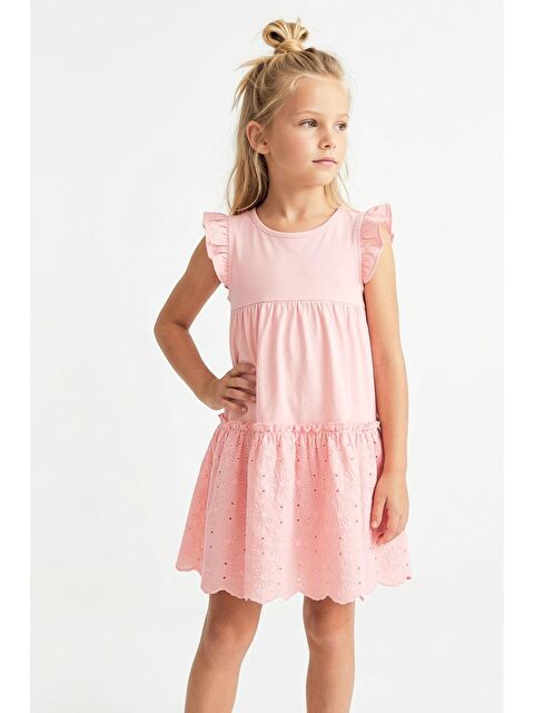 Breeze Kız Çocuk Elbise Çiçek Nakışlı Dantel Detaylı Pembe (3-8 Yaş)