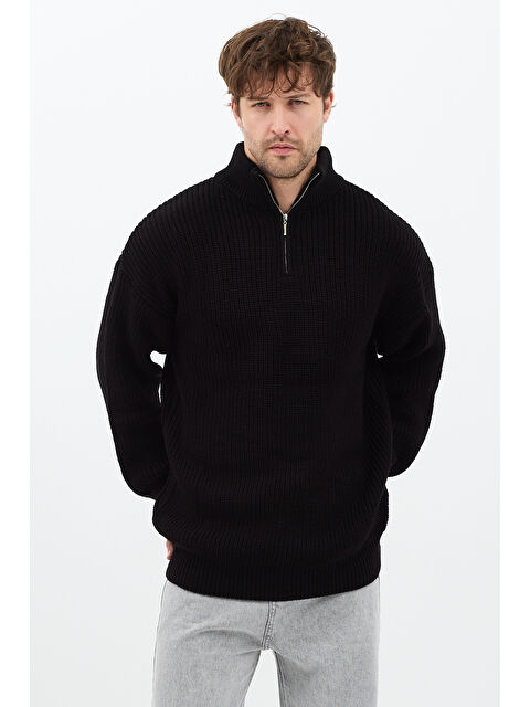 Tarz Cool Siyah Erkek Oversize Fermuarlı Balıkçı Triko Kazak - S000476091-19351