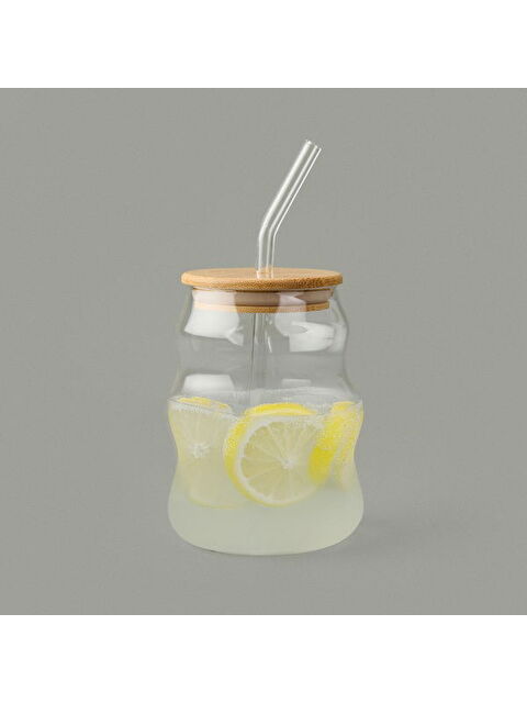 Paçi Bambu Kapaklı Pipetli Bardak - Açık Kahverengi / Şeffaf - 450 ml