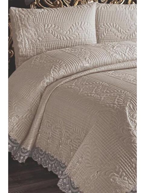 Çeyiz Diyarı Simirna Dantelli Kapitoneli Ultrasonik Çift Kişilik Yatak Örtüsü Açık Cappucino - S000485430-23173