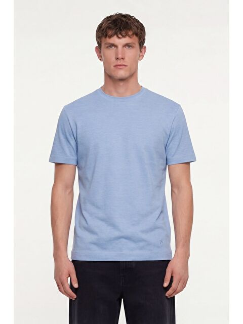 Sabri Özel Erkek Mavi Normal Kesim Regular Fit %100 Pamuk Dokuma Bisiklet Yaka Basic T-Shirt