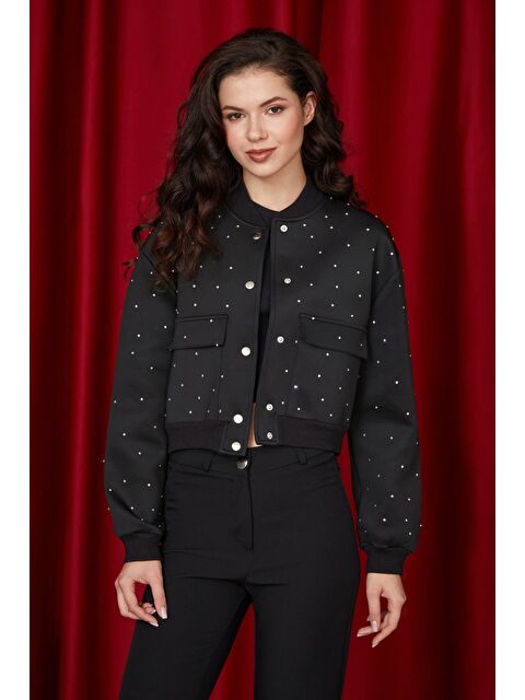 Fullamoda Taş Detaylı Çıtçıtlı Çift Cepli Crop Ceket - S000480998-19351