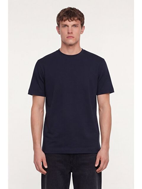 Sabri Özel Erkek Lacivert Normal Kesim Regular Fit %100 Pamuk Dokuma Bisiklet Yaka Basic T-Shirt