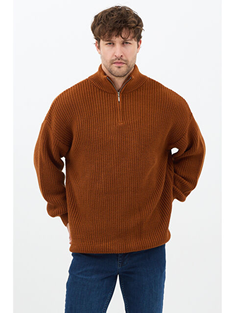 Tarz Cool Hardal Erkek Oversize Fermuarlı Balıkçı Triko Kazak - S000476091-7379