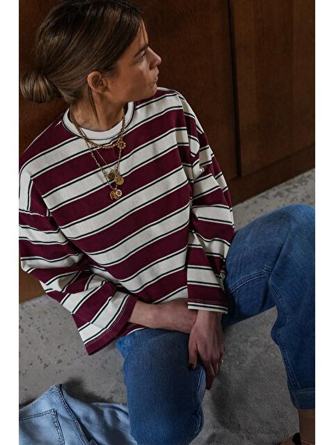 Madmext Bordo Bisiklet Yaka %100 Pamuklu Çizgili Uzun Kollu Tişört Mg2362 - S000369819-19951
