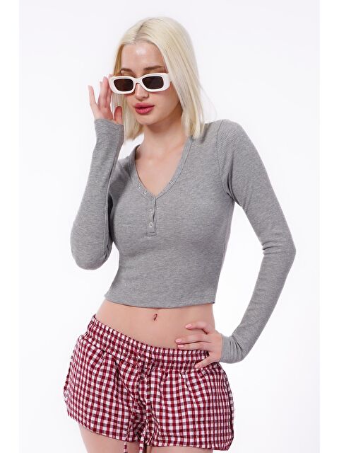 Madmext Gri V Yaka Uzun Kollu Düğme Detaylı Kaşkorse Bodysuit Mg2194 - S000439993-20600