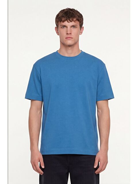 Sabri Özel Erkek Açık Saks Normal Kesim Regular Fit %100 Pamuk Dokuma Bisiklet Yaka Basic T-Shirt