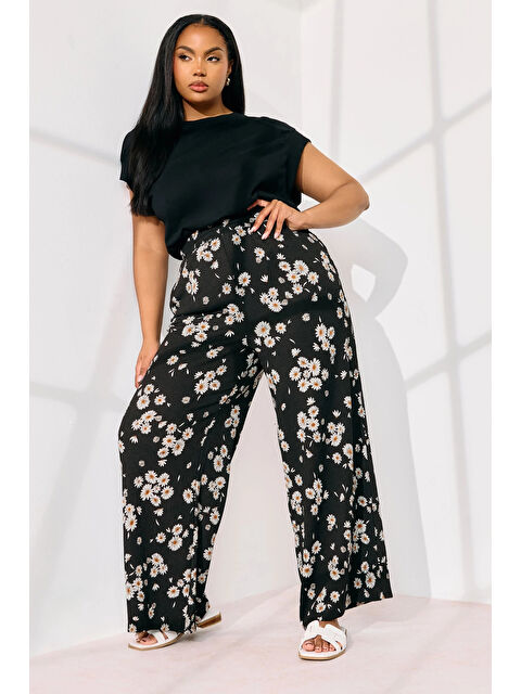 Stil Diva Büyük Beden Beli Lastikli Cepli Papatya Desenli Pantolon 310139 - S000369821-19351