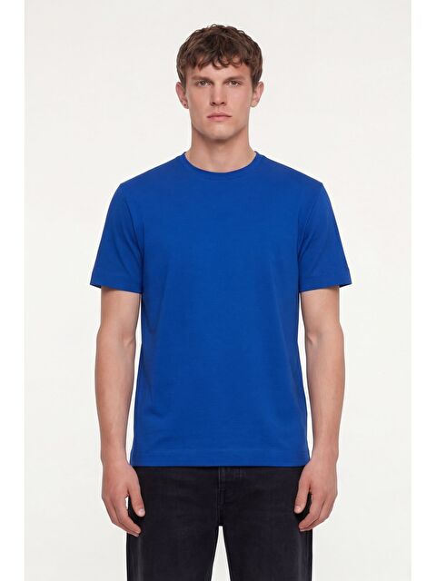 Sabri Özel Erkek Saks Mavi Normal Kesim Regular Fit %100 Pamuk Dokuma Bisiklet Yaka Basic T-Shirt