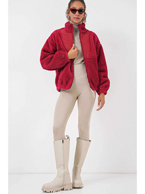 Hazelin Kadın Kırmızı Baskılı Fermuarlı Suni Yünlü Astarlı Pelüş Ceket HZL25W-BD151941 - S000320993-20045