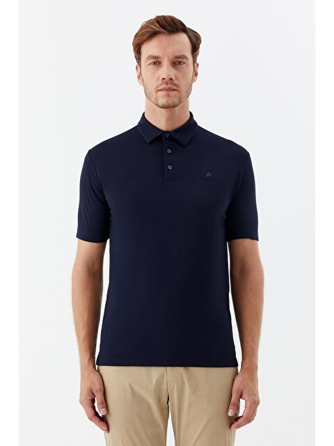 Sabri Özel Erkek Lacivert Dar Kesim Slim Fit Pamuklu Dokuma Düğmeli Polo Yaka Tişört