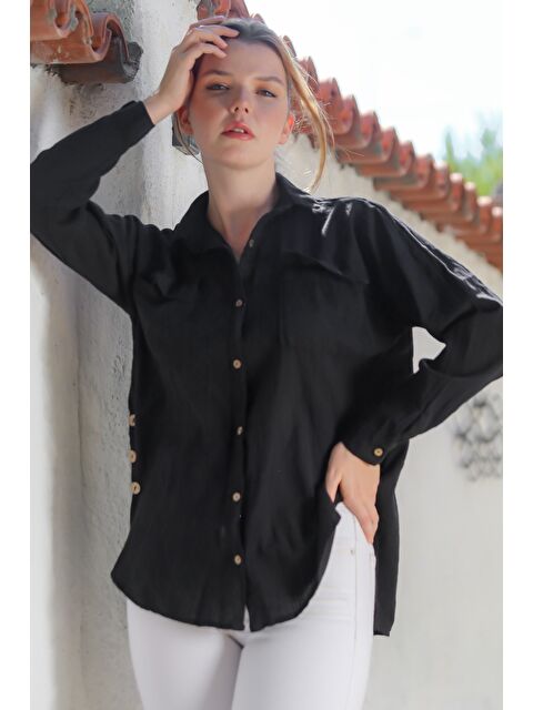 Chiccy Organik Pamuk Siyah Gömlek Yaka Uzun Kol Çift Kapaklı Cepli Arkası Uzun Dokuma Gömlek 70 65 - S000469030-19351
