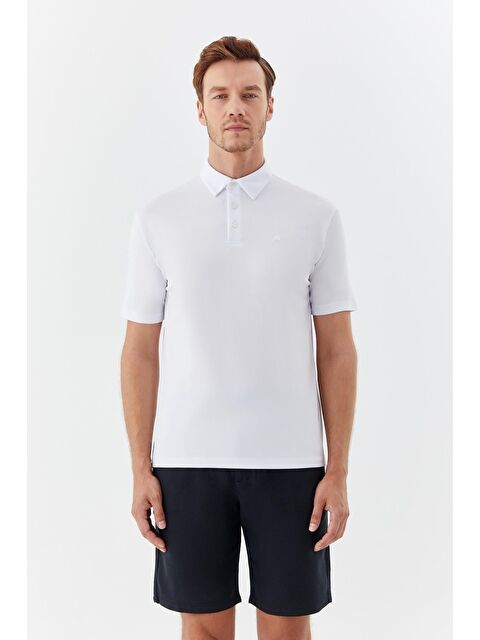 Sabri Özel Erkek Beyaz Dar Kesim Slim Fit Pamuklu Dokuma Düğmeli Polo Yaka Tişört