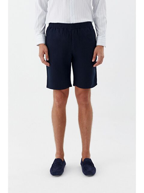 Sabri Özel Erkek Koyu Lacivert Bermuda Şort – %100 Keten, Lastikli Bel - S000525577-29672