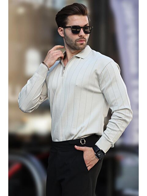 Madmext Bej Polo Yaka Fermuarlı Örme Kazak - S000244242-19928