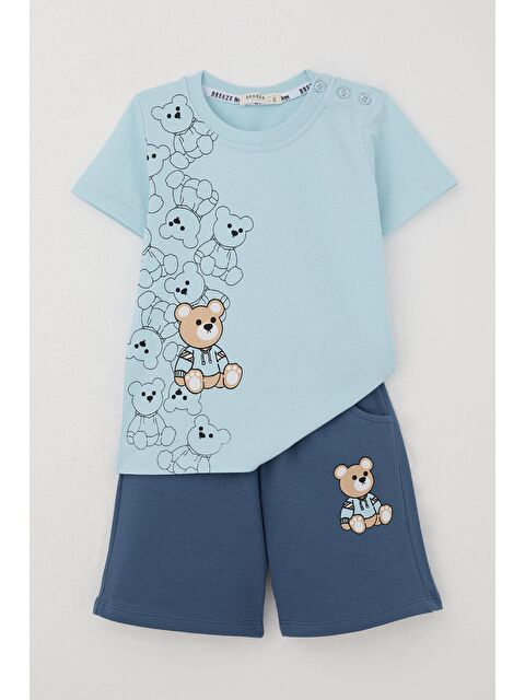 Breeze Erkek Bebek Şortlu Takım Oyuncak Bebek Ayıcık Baskılı Açık Mavi (9 Ay-1.5 Yaş)