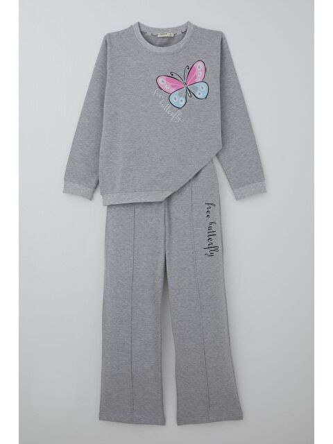 Breeze Kız Çocuk Eşofman Takımı Kelebek Baskılı Pantolonu Çima Dikişli Açık Gri Melanj (4-8 Yaş) - S000507774-17308