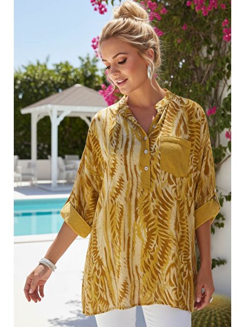 Chiccy İtalyan Hardal Hakim Yaka Düğmeli 3/4 Kol Desenli Düğmeli Pullu Cepli Viskon Dokuma Bluz 72 65 - S000508035-20074