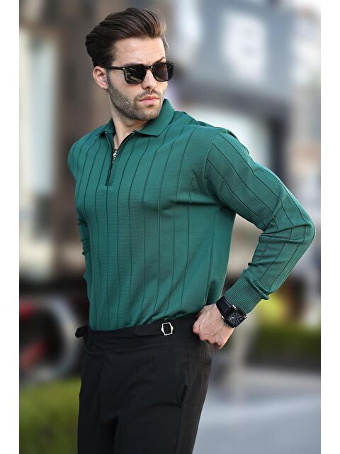 Madmext Yeşil Polo Yaka Fermuarlı Örme Kazak - S000244242-18194