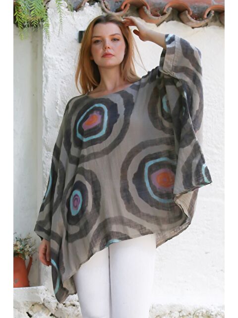Chiccy İtalyan Vizon Havuz Yaka Yarasa Kol Geometrik Desenli Keten Oversize Dokuma Tunik 80 120 - S000469027-26429