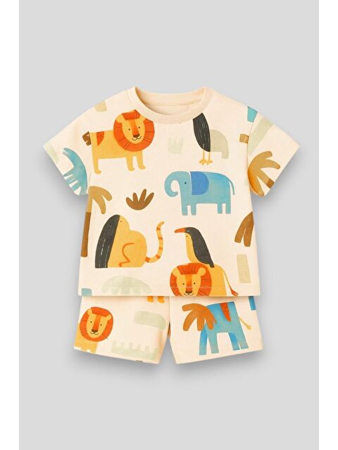 Magu Unisex Çocuk Pamuklu Ekru Safari Hayvan Baskılı T-Shirt Ve Şort Takım - Yazlık - S000395813-23173