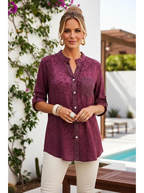 Chiccy İtalyan Mürdüm Rengi Hakim Yaka 3/4 Kol Leopar Desenli Düğmeli Pullu Cepli Viskon Dokuma 75 65 - S000508037-20036