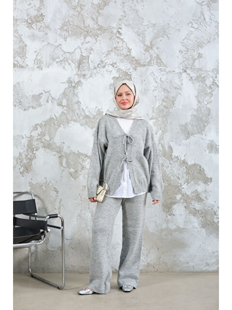 Locco Moda Kadın Ön Bağlamalı Triko Takım Gri - S000510095-20600