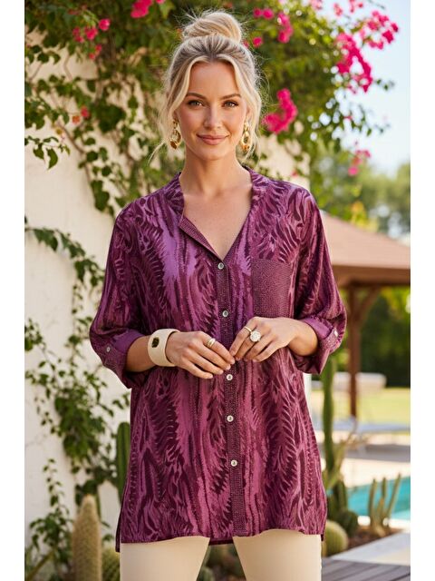 Chiccy İtalyan Bordo Hakim Yaka Düğmeli 3/4 Kol Desenli Düğmeli Pullu Cepli Viskon Dokuma Bluz 72 65 - S000508035-19951