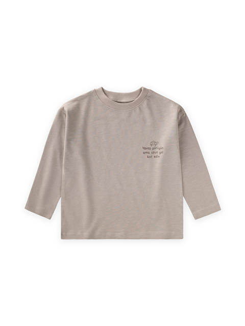 CİGİT Sloganlı Uzun Kollu T-Shirt 2-10 Yaş S Vizon - S000516343-26429