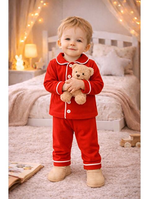 Kidex's Bebek Düğmeli Pijama Takımı Yumuşak Kumaş Uzun Kollu