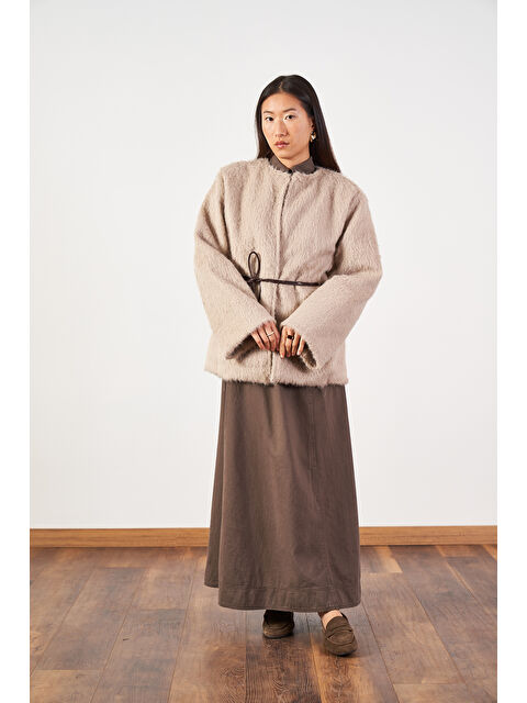 Mevra Oversize Kuşaklı Yaka Düğmeli Uzun Denim Elbise Kahve - S000508112-19413