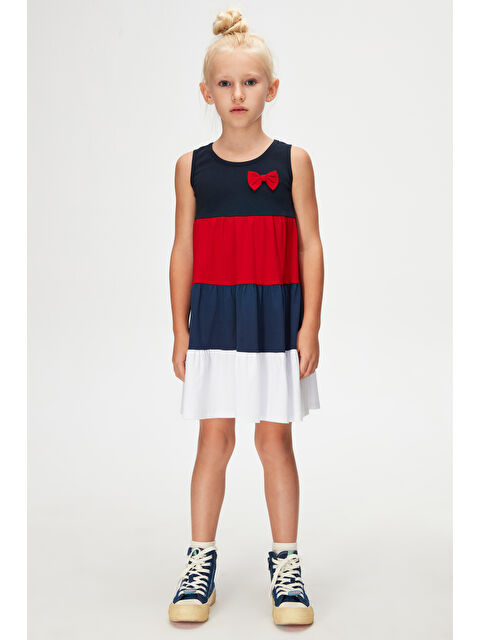 Lovetti Koyu Lacivert + Beyaz Kız Çocuk Renkli Büzgülü Askılı Elbise - S000053547-37341