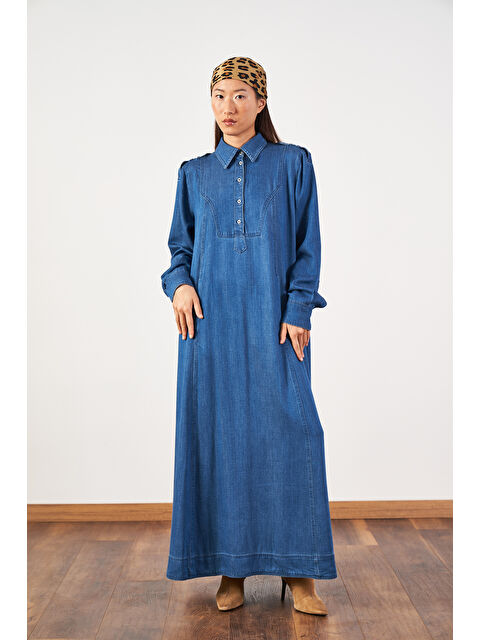 Mevra Oversize Kuşaklı Yaka Düğmeli Uzun Denim Elbise Koyu Mavi - S000508114-19393