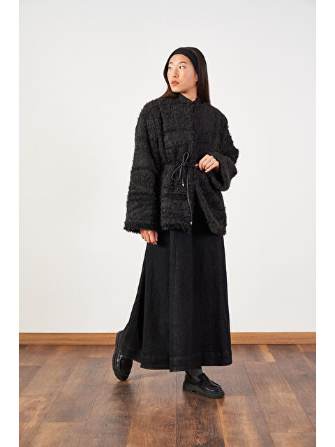 Mevra Oversize Kuşaklı Yaka Düğmeli Uzun Denim Elbise Siyah - S000508115-19351