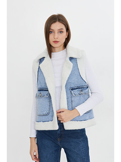 Comstar Kadın Çift Cepli Pelüşlü Denim Yelek - S000329278-2090