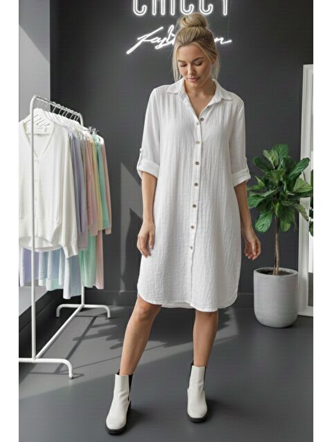Chiccy Beyaz Gömlek Yaka Düğmeli Uzun Kollu Düğmeli Casual Müslin Dokuma Gömlek Elbise 105 75 - S000508116-20063