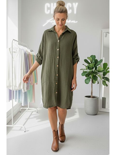 Chiccy Haki Gömlek Yaka Düğmeli Uzun Kollu Düğmeli Casual Müslin Dokuma Gömlek Elbise 105 75 - S000508116-18547