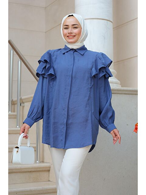 Locco Moda Gizli Düğmeli Fırfır Detay Gömlek Lacivert - S000245215-21164