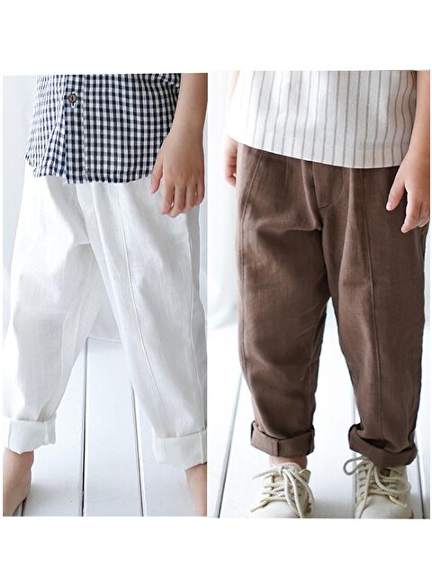 Catz Kids Erkek Çocuk 2'li Keten Carrot Pantolon ( %100 Pamuk Kahve ve Beyaz ) - S000176508-37231
