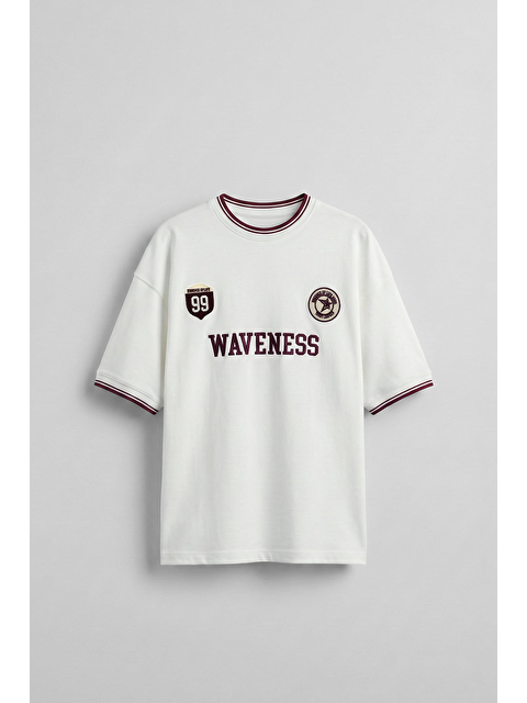 Abluka Online Erkek Oversize Nakışlı Kontrast Yaka Kolej T-Shirt Ekru - S000513652-19965