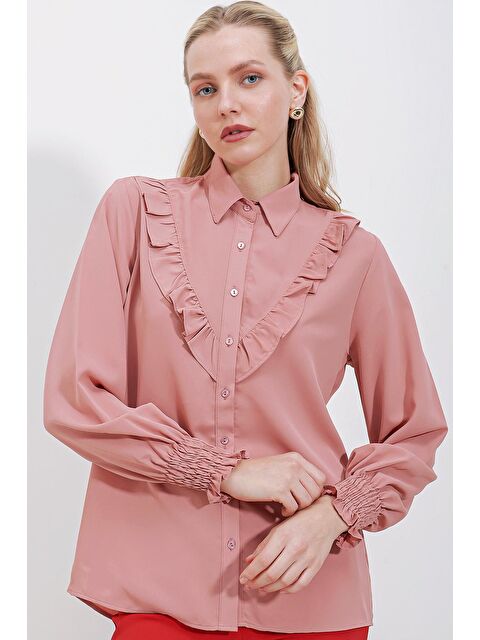 Bigdart 20223 Fırfırlı Uzun Kol Gömlek - Gül Kurusu - S000152928-20028