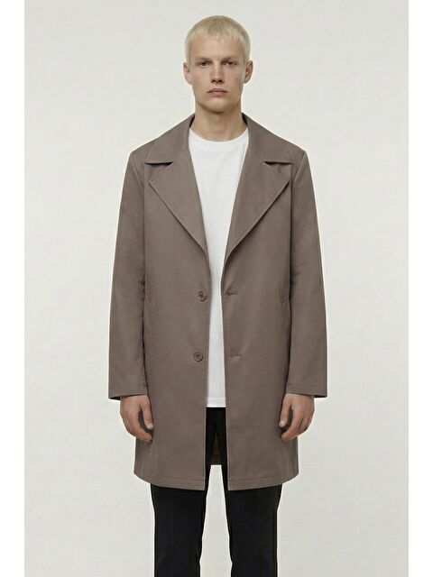 Sabri Özel Erkek Kahve Geniş Kesim Oversize Fit Pamuklu Dokuma Yan Cepli Orta Boy Ceket Yaka Trençkot