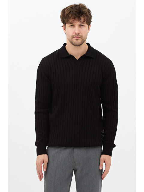 Tarz Cool Siyah Erkek Polo Yaka Fitilli Triko Kazak - S000476095-19351