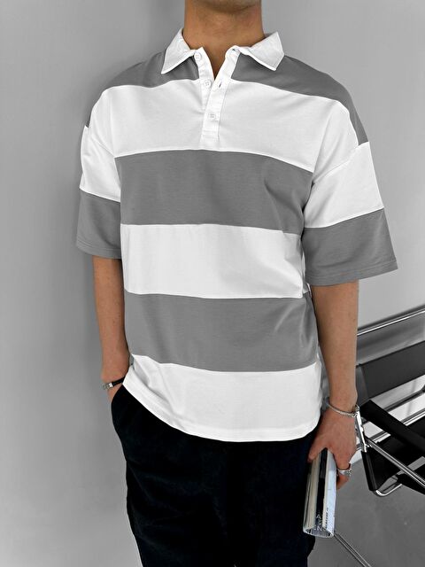 Abluka Online Erkek Oversize Renk Bloklu Polo Yaka Tişört Gri - S000155209-20600