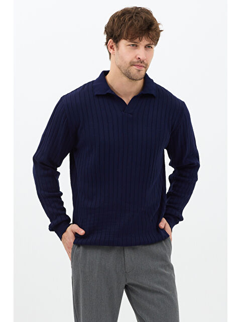 Tarz Cool Lacivert Erkek Polo Yaka Fitilli Triko Kazak - S000476095-21164