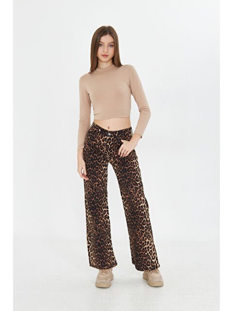 Comstar Kadın Leopar Desenli Yüksel Bel Geniş Paça Palazzo Pantolon - S000329280-19413