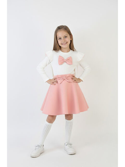 Modanino Kız Çocuk 2'li Elbise Taş Süslemeli Etek+Omuz Detaylı ve Fiyonklu Bluz 4-9 Yaş 12503 - S000505665-20024